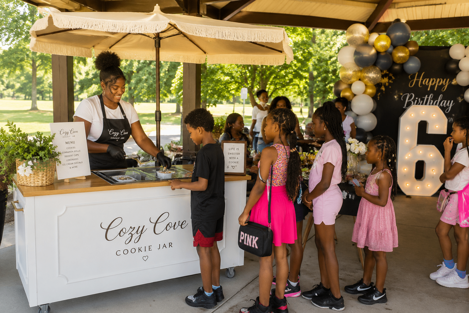 Cozy Cove Cookie Jar serving treats at an outdoor birthday party