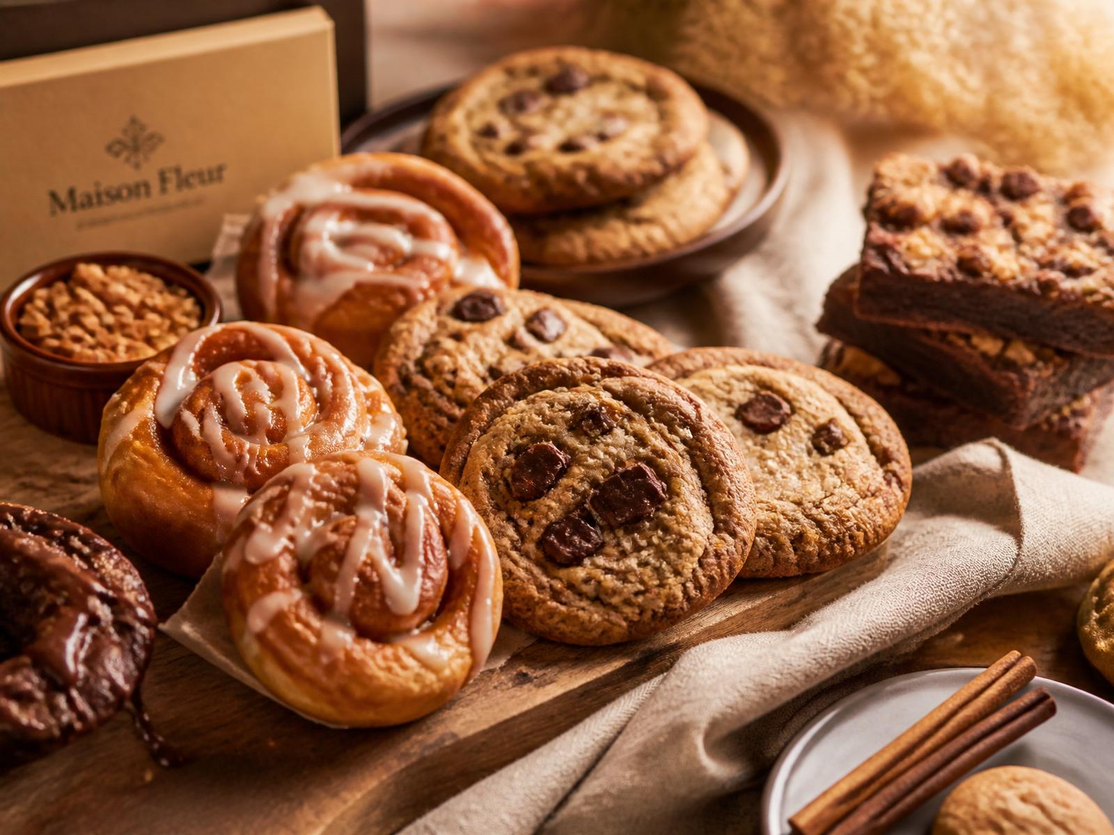 Assorted small-batch cookies, cinnamon rolls and brownies on a rustic board
